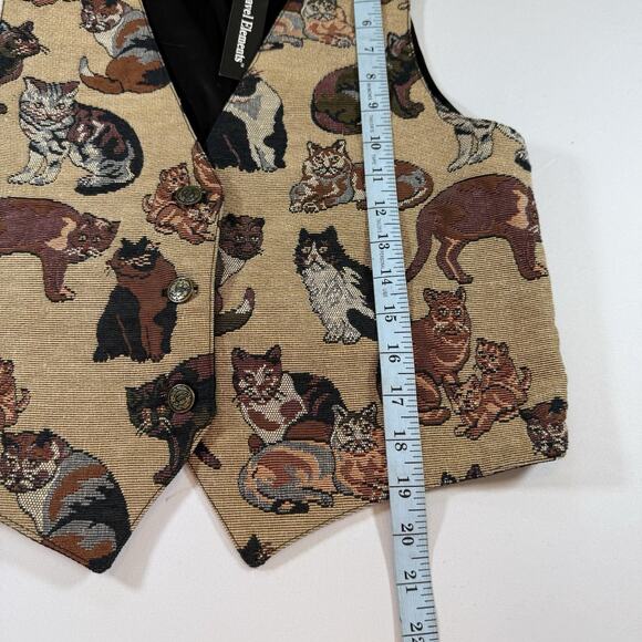 Vintage 90s Cat Novelty Artsy Button Vest - Tan Brown Wms M NWT - Picture 9 of 11